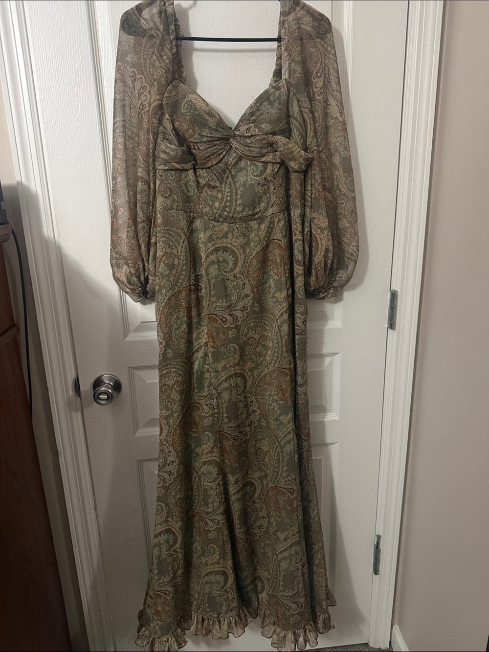 Azazie Olive Paisley Maxi Dress with Sheer Sleeves